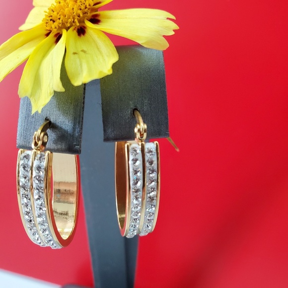 Stainless steel Oval Hoop Earrings with Crystal. - Picture 3 of 5